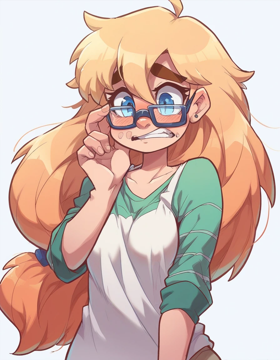 Ralph Bakshi Style, awkward curvy big-nose dirty-blonde with small_breasts and blue eyes with glasses and medium-long hair