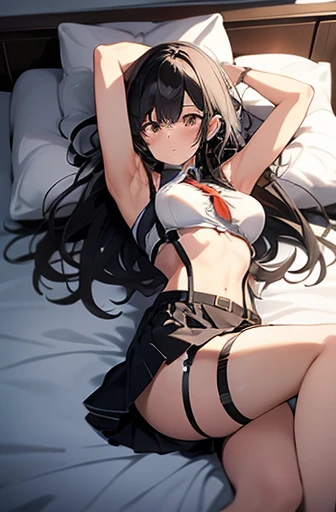 Gazing at the audience　　　Black suspenders　　　bulging big breasts　　 　 　　　wall 　mini skirt　garterbelt　garter　　　　　　vision　　　Small face　 　　　holster　　　Beautiful woman　　Show me your hands　　 Lying in bed　　vision 　　provoke　~ side　~ side汗 　arm　　belt　summer　Armpit sweat　Long black hair