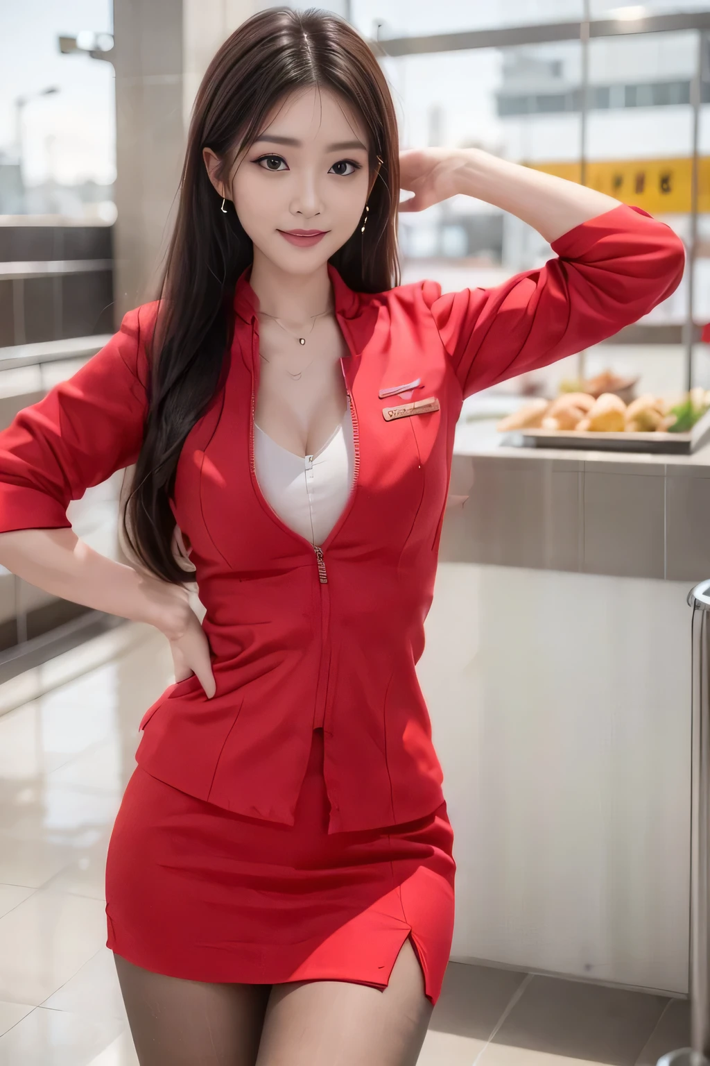 (masterpiece:1.2, Highest quality:1.2), 32k HDR, High resolution, (alone, 1 Girl), （AirAsia stewardess uniform realistic style）, A proper woman, Beautiful Face, Brown Hair, (Long hair down to the legs), (Red jacket:1.1, Unzipped jacket, Unbuttoned white shirt:1.05, Red mini skirt:1.1, pantyhose),（AirAsia shirt cleavage reveals big boobs）、（long hair that reaches down to the legs）Perfect slim body:1.1, Huge breasts, huge breasts cleavage, Detailed skin texture, Beautiful Eyes, (Attractive look:1.2), necklace、Earrings、(forward leaning posture:1.5）, On the roof of a building, Rooftop at daytime,blue eyes