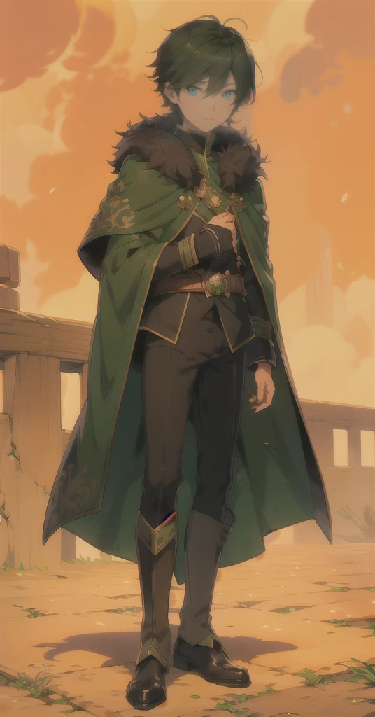 yuichiro hyakuya, (WithoutFear:1), 1 boy, black hair, green eyes, brown coat, gray armor, green shield, green cloak, dark brown gloves, town, white fur trim, tall, anime, standing, good quality, portrait, looking at viewer