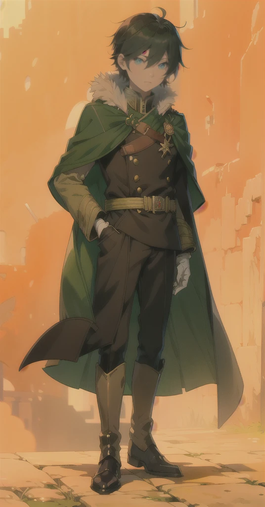 yuichiro hyakuya, (WithoutFear:1), 1 boy, black hair, green eyes, brown coat, gray armor, green shield, green cloak, dark brown gloves, town, white fur trim, tall, anime, standing, good quality, portrait, looking at viewer