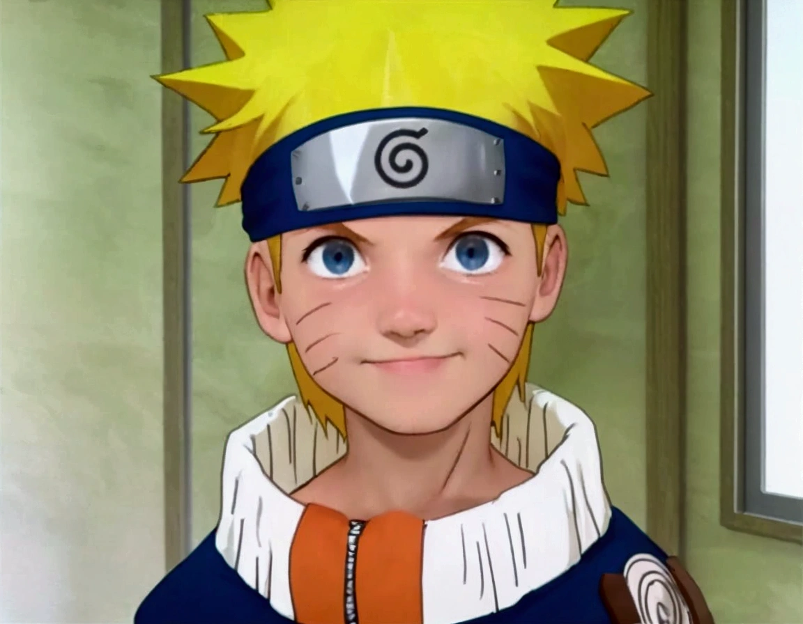 a boy with yellow hair, wearing a headband covering his forehead, on the headband there is a logo