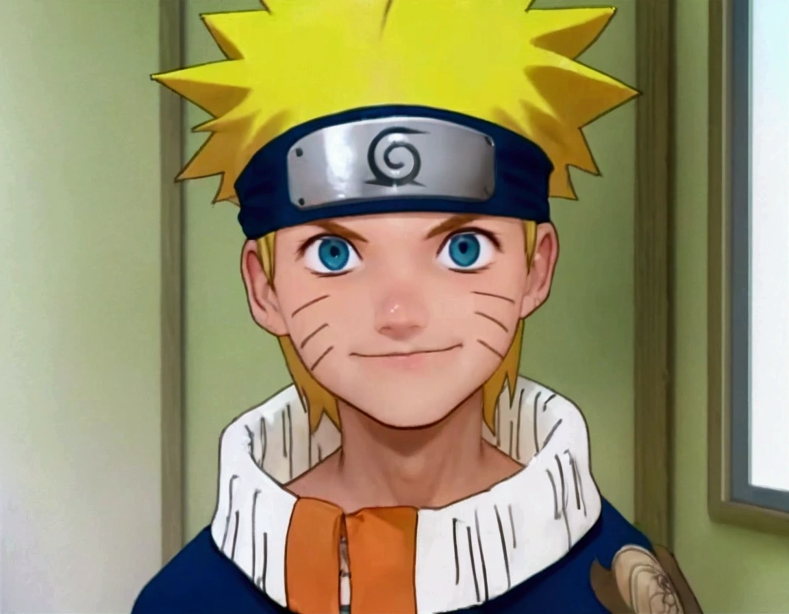 a boy with yellow hair, wearing a headband covering his forehead, on the headband there is a logo