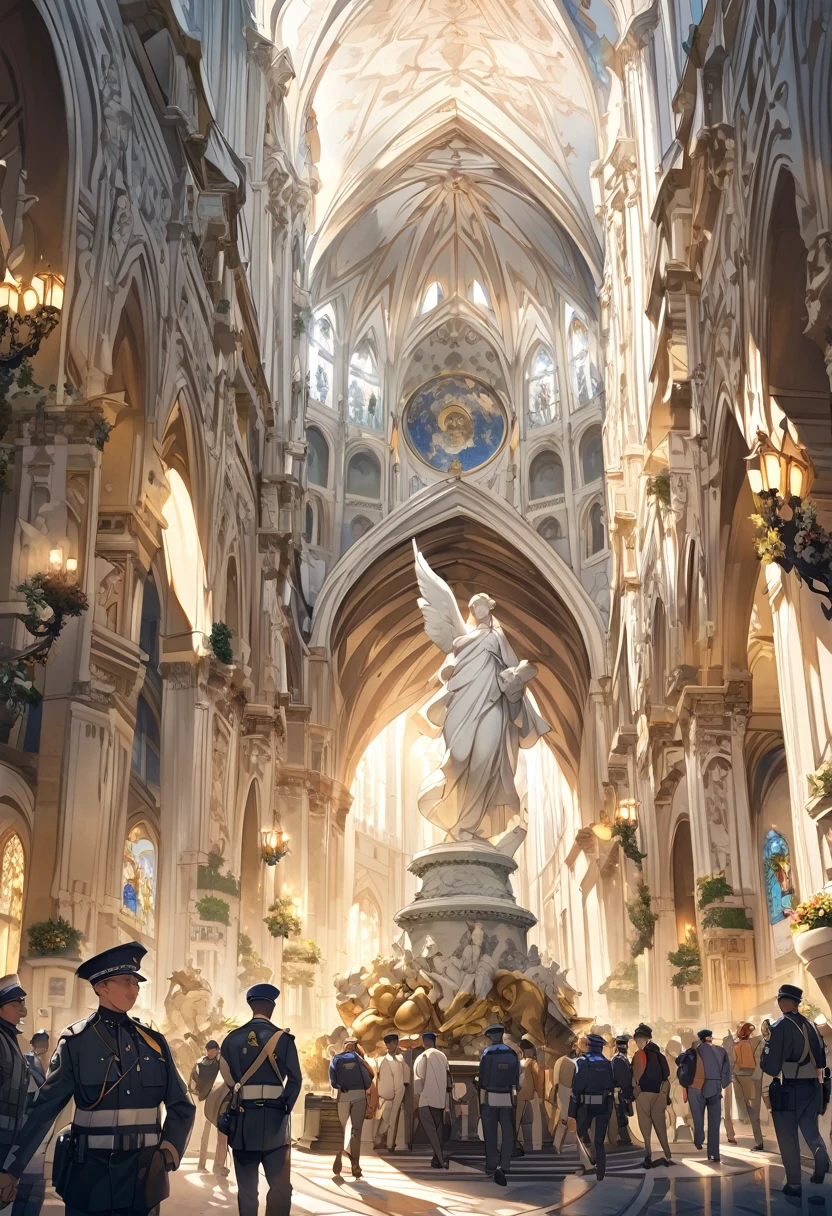 Milan, Italy,Gorgeous white cathedral,Two handsome mounted policemen are patrolling the square.,Many tourists are visiting,A large group of white pigeons are foraging for food around tourists in front of the statue in the square,A modern tram is slowly approaching on the avenue not far away.,Golden sunlight fills the earth,National Geographic,Raw,model,