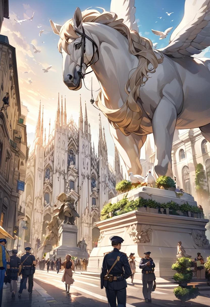 Milan, Italy，Gorgeous white cathedral，Two handsome mounted policemen are patrolling the square.，Many tourists are visiting，A large group of white pigeons are foraging for food around tourists in front of the statue in the square，A modern tram is slowly approaching on the avenue not far away.，Golden sunlight fills the earth，National Geographic，Raw,model，