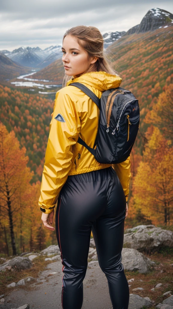 Naturescape photography; mountain climbing; Full body view; (1woman:0.5, solo), (slender body), (Small breasts) , (soaking wet red wind jacket ,tight satin Pants, terrain running shoes, big rucksack), standing on a mountain peak, Rough track, boulders , (long yellow hair), (nordic girl, 26-year-old, ultra delicate face, ultra Beautiful face, ultra delicate eyes, ultra detailed nose, ultra detailed mouth, ultra detailed facial features, natural skin, blemishes, blue eyes), (breasts are small: 0.5) (face is shiny:0.8), (natural skin:1  m, (Spectacular autumn rain, mountain views, with rugged Norwegian mountain ranges in the distance ), (Highest Quality, hyper-realistic:1.3, Super dense, very detailed illustration, Best image quality, very detailed illustration) natural skin, blemishes, detail skin texture, full body pose, natural skin poors, (((shot straight from the behind ))) she is uncomfortable and cold, afraid, sexy Ass, candid Ass,