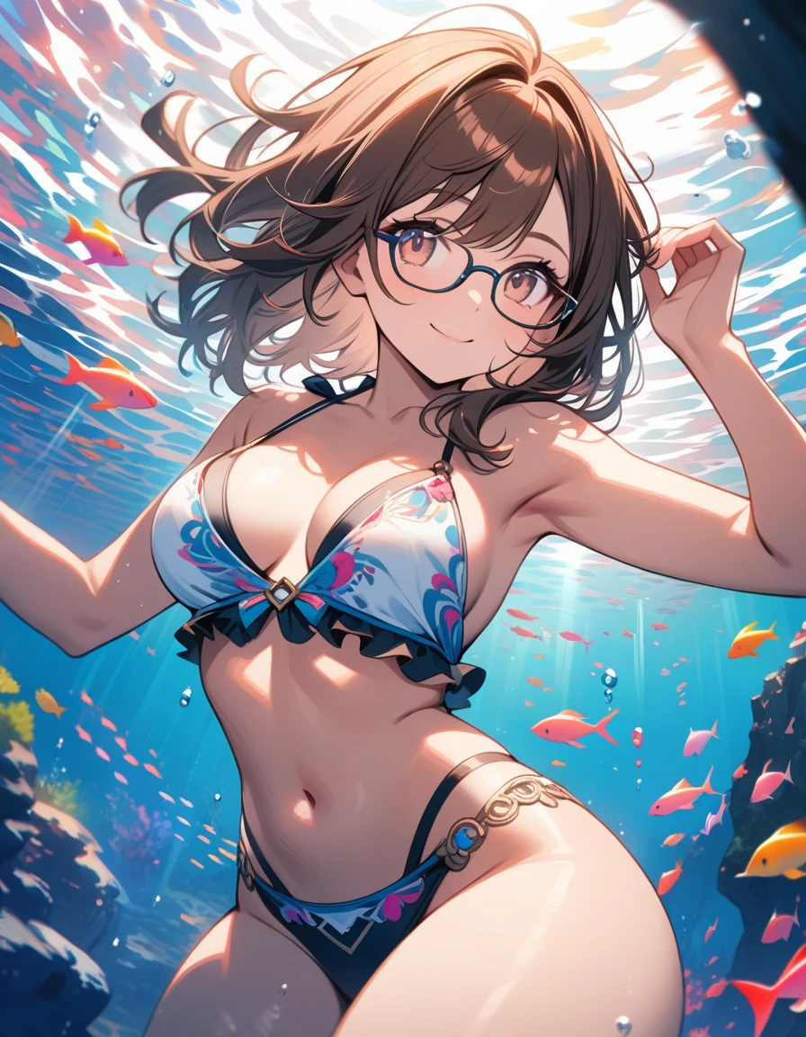 so beautiful, Beautiful Eyes, Highest quality, Very detailed, Intricate details, One Girl ,Short brown hair, Brown eyes, Thick thighs, bikini, good looking, Medium Hair, Brown Hair, Pink highlights on the tip, Pale pink eyes,Wearing glasses、Beautiful sea、Smile、Underwater、colorful