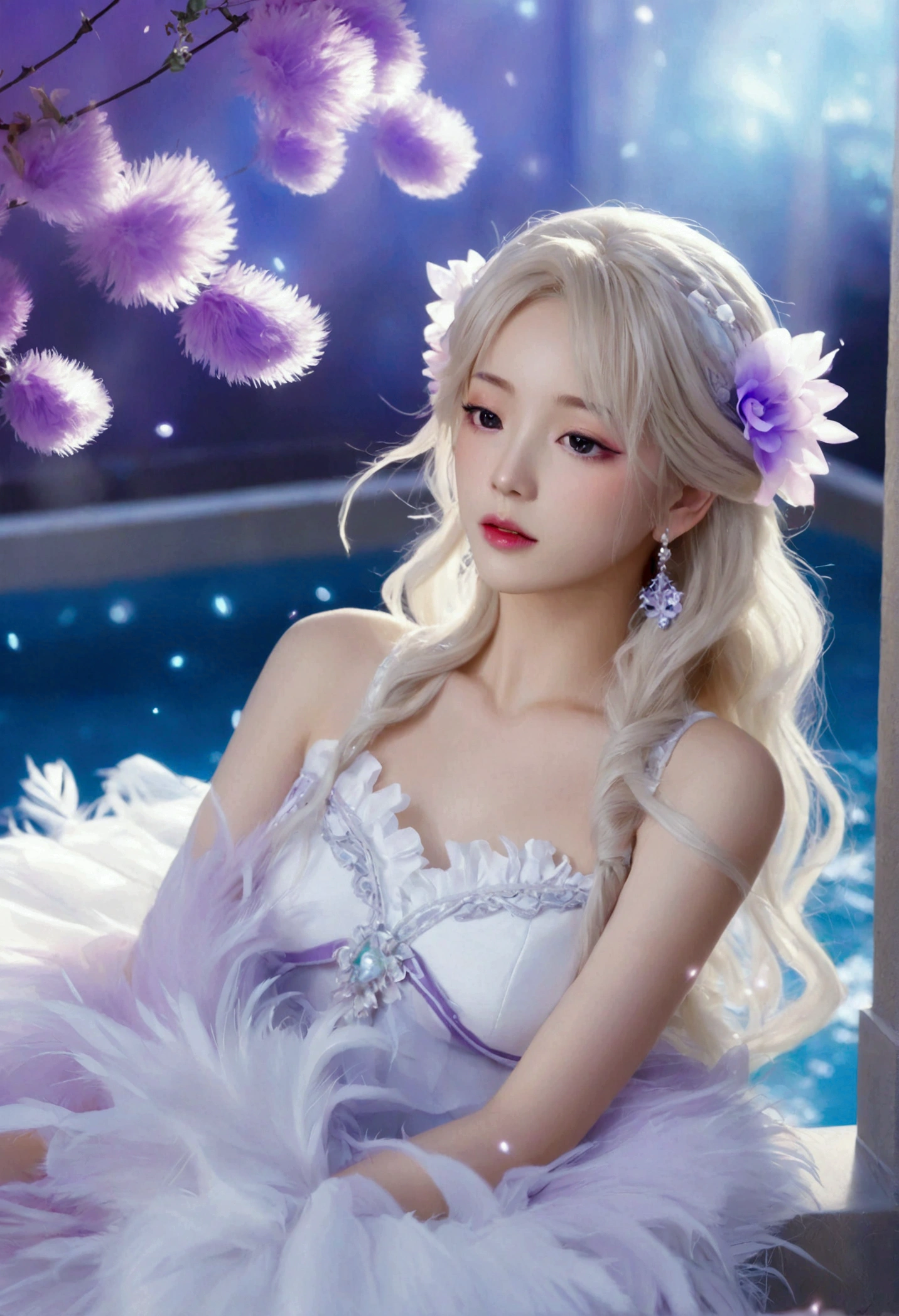 Masterpiece,Dazzling multicolored light,ultra detailed,A girl.,In the flowers,**** a sleeping princess,Earrings,White feather tulle,Long white eyelashes,Extra-long hair is slightly curly,White hair,(Hair takes up the entire frame),a charming face,Glowing lips,clavicle,Shoulder exposure,Floating petals,Dreamy and beautiful,The characters are thick and painted.,Fine strokes,Wallpaper,The background is graded with white and purple,anime aesthetic,Poolcoreanime beauty,Hyperrealism,sparkle,textured skin,super detail,best quality,8k, ,