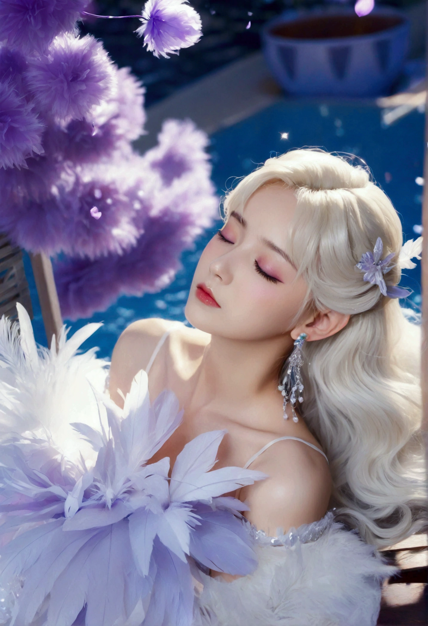 Masterpiece,Dazzling multicolored light,ultra detailed,A girl.,In the flowers,**** a sleeping princess,Earrings,White feather tulle,Long white eyelashes,Extra-long hair is slightly curly,White hair,(Hair takes up the entire frame),a charming face,Glowing lips,clavicle,Shoulder exposure,Floating petals,Dreamy and beautiful,The characters are thick and painted.,Fine strokes,Wallpaper,The background is graded with white and purple,anime aesthetic,Poolcoreanime beauty,Hyperrealism,sparkle,textured skin,super detail,best quality,8k, ,