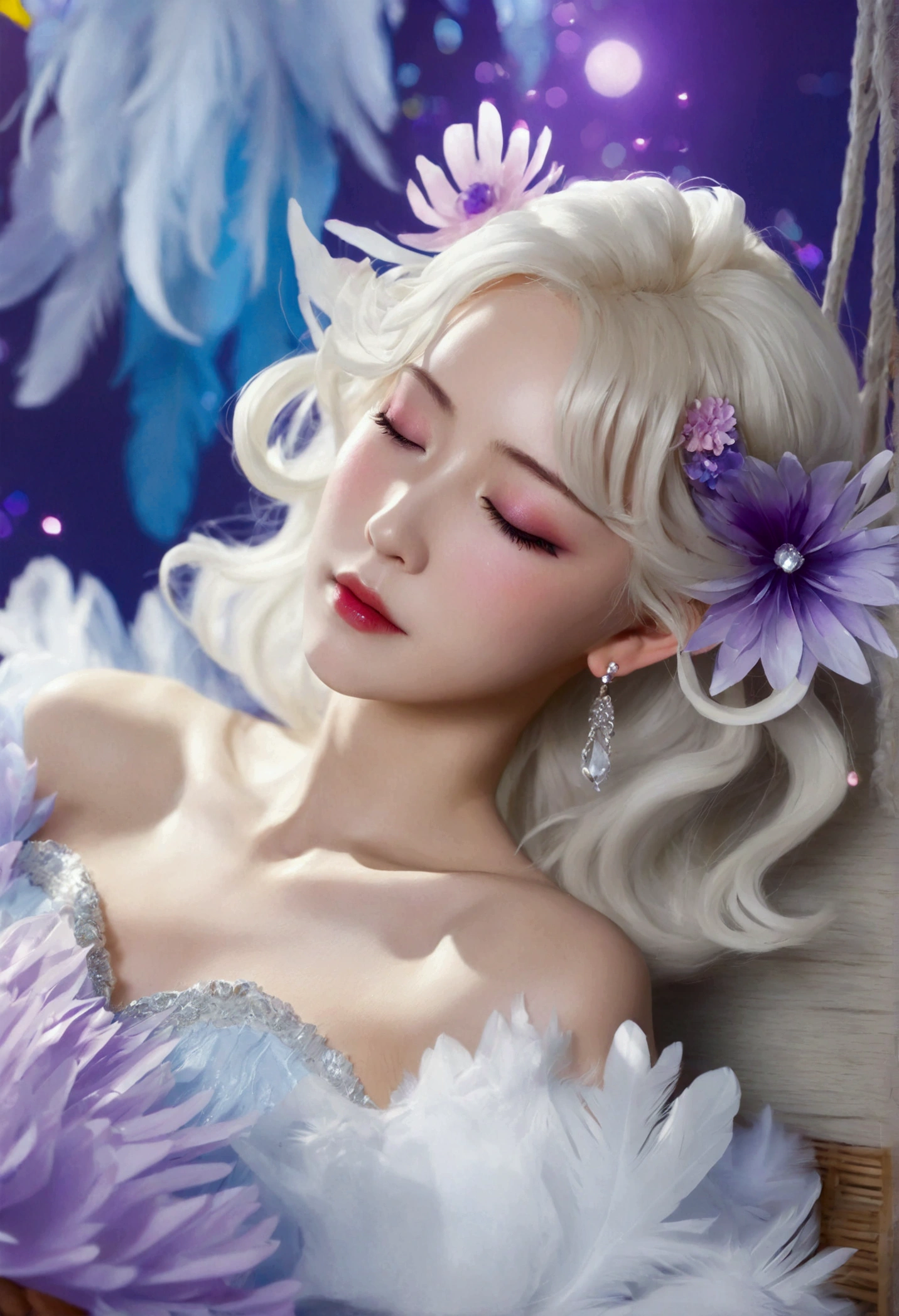 Masterpiece,Dazzling multicolored light,ultra detailed,A girl.,In the flowers,**** a sleeping princess,Earrings,White feather tulle,Long white eyelashes,Extra-long hair is slightly curly,White hair,(Hair takes up the entire frame),a charming face,Glowing lips,clavicle,Shoulder exposure,Floating petals,Dreamy and beautiful,The characters are thick and painted.,Fine strokes,Wallpaper,The background is graded with white and purple,anime aesthetic,Poolcoreanime beauty,Hyperrealism,sparkle,textured skin,super detail,best quality,8k, ,