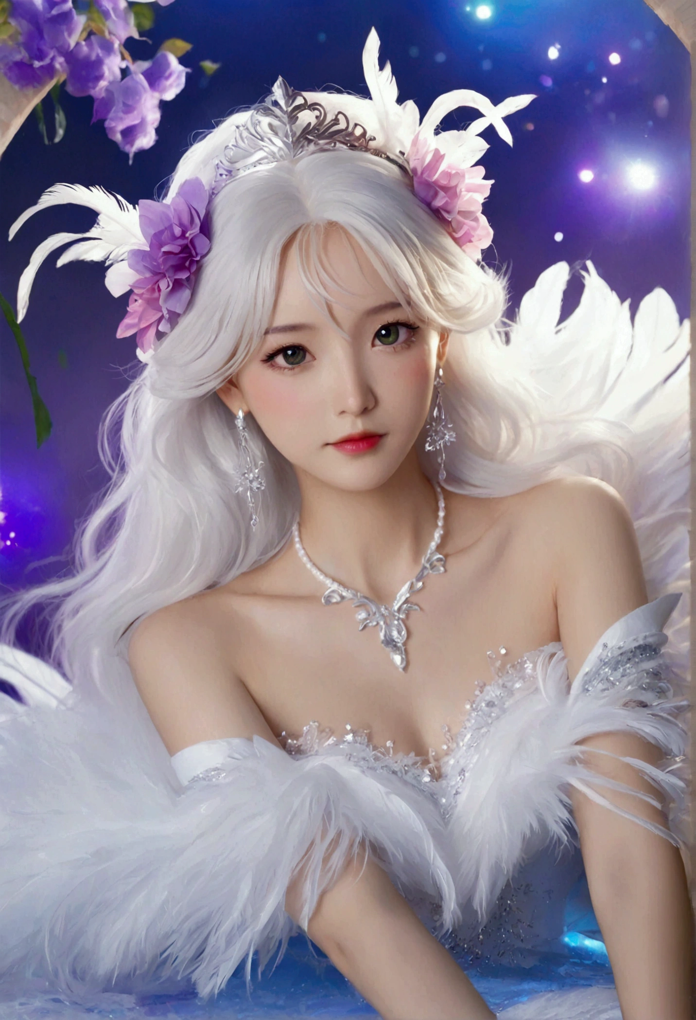 Masterpiece,Dazzling multicolored light,ultra detailed,A girl.,In the flowers,**** a sleeping princess,Earrings,White feather tulle,Long white eyelashes,Extra-long hair is slightly curly,White hair,(Hair takes up the entire frame),a charming face,Glowing lips,clavicle,Shoulder exposure,Floating petals,Dreamy and beautiful,The characters are thick and painted.,Fine strokes,Wallpaper,The background is graded with white and purple,anime aesthetic,Poolcoreanime beauty,Hyperrealism,sparkle,textured skin,super detail,best quality,8k, ,