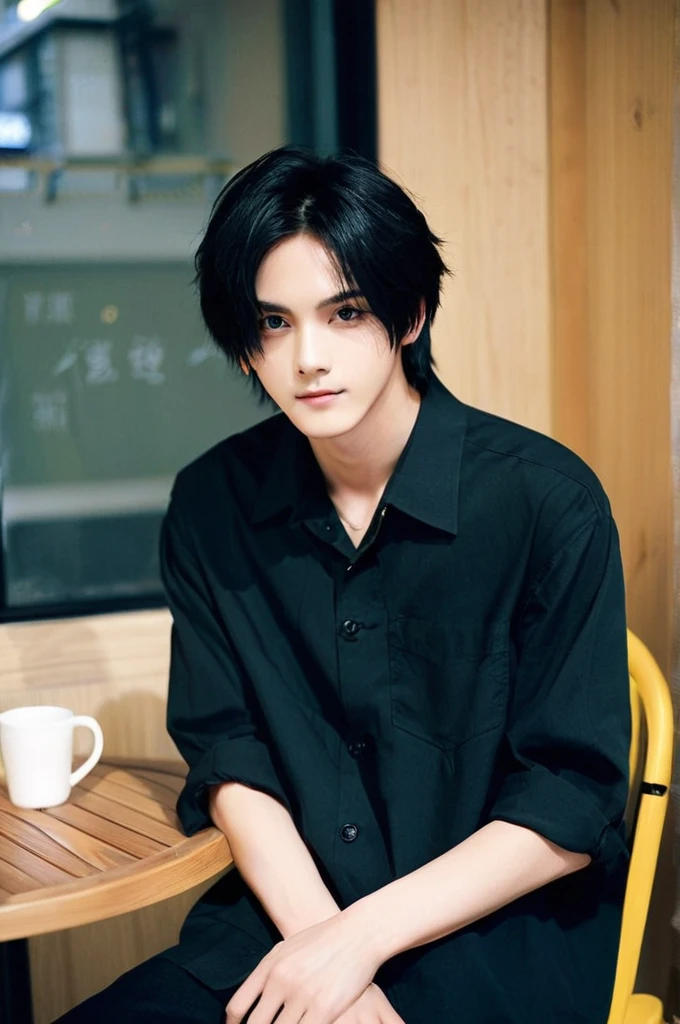 One boy、Young man with black hair(Mash Straight)((Long Hair)),With nape、Long enough to cover the earale K-Pop Idols、Levi Ackerman、Medium portrait、chop、Beautiful Model、Oval Face、Vivid、Cafe、(In a dark room)、The whole body is shown、((Full body photo))
