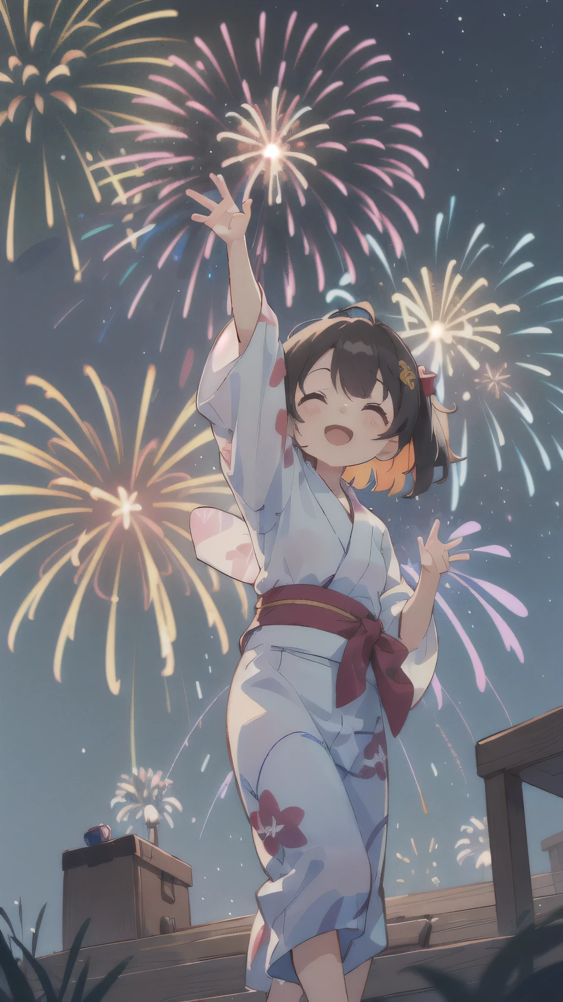 (masterpiece:1.2),(Highest quality),(Very detailed),(High resolution),8K,wallpaper,(One female:1.5),Anime illustration,Chibi Character,cute,Girl wearing a yukata,Looking up at the sky and watching the fireworks,Back view,BREAK((Fireworks fill the night sky,beautiful Fireworks,Colorful fireworks)),(Beautiful night sky),(Happy expression:1.5),((From below)),(dynamic),Raise your arms high