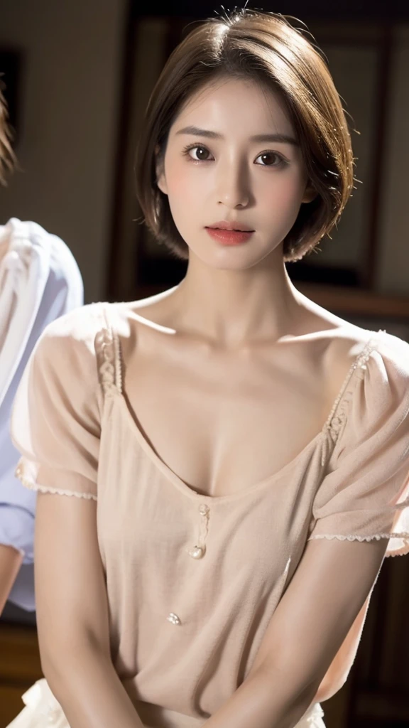 (real, High resolution:1.3), short hair, Wearing a blouse,Small breasts、A dainty man dressed as a woman、Inside the room、Transsexual、The collarbone and hands are slightly muscular.、the skin is dark、Dark eyebrows