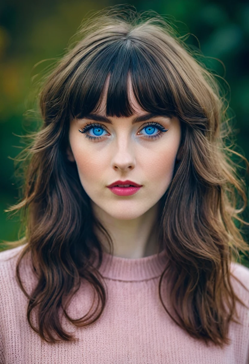 a young half Irish and half English woman, medium 80s wavey hair & bangs, blue eyes, modern retro picture aesthetic, looks like she is bravely posing for the camera, keep the same aspect ratio, The colors are masterfully captured by Nikon D850 and a Nikon AF-S NIKKOR 70-200mm f/2.8E FL ED VR lens, modern style, powerful woman image, dark gothic clothes, without makeup, pale skin, harsh facial features, pink normal lips,