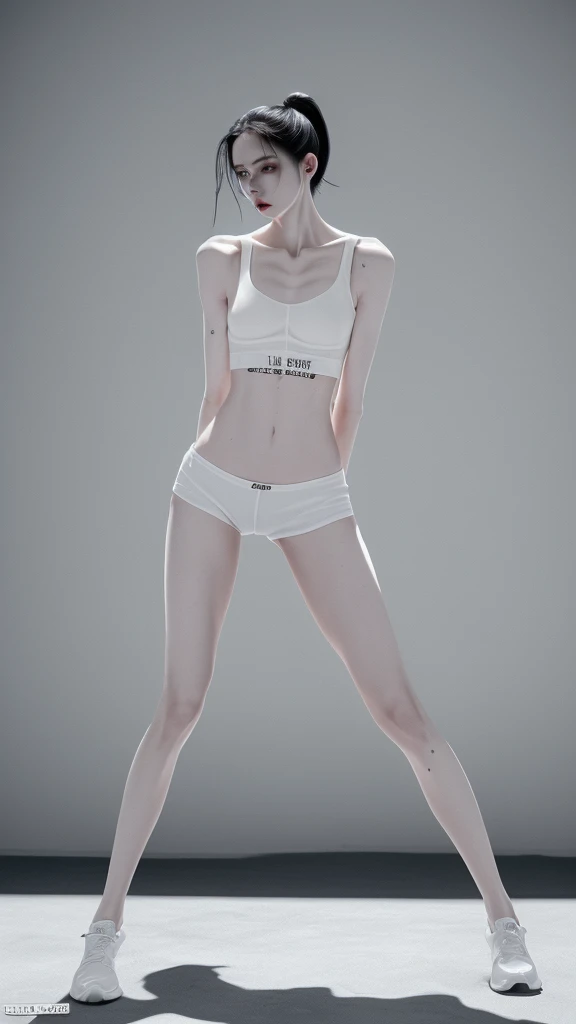 a very thin woman with visible bones, pale white skin, sweaty body, full body view , perfect body slim , sweaty weat body, wearing short sport pant and bra, tatto, in a prison(best quality,4k,8k,highres,masterpiece:1.2)