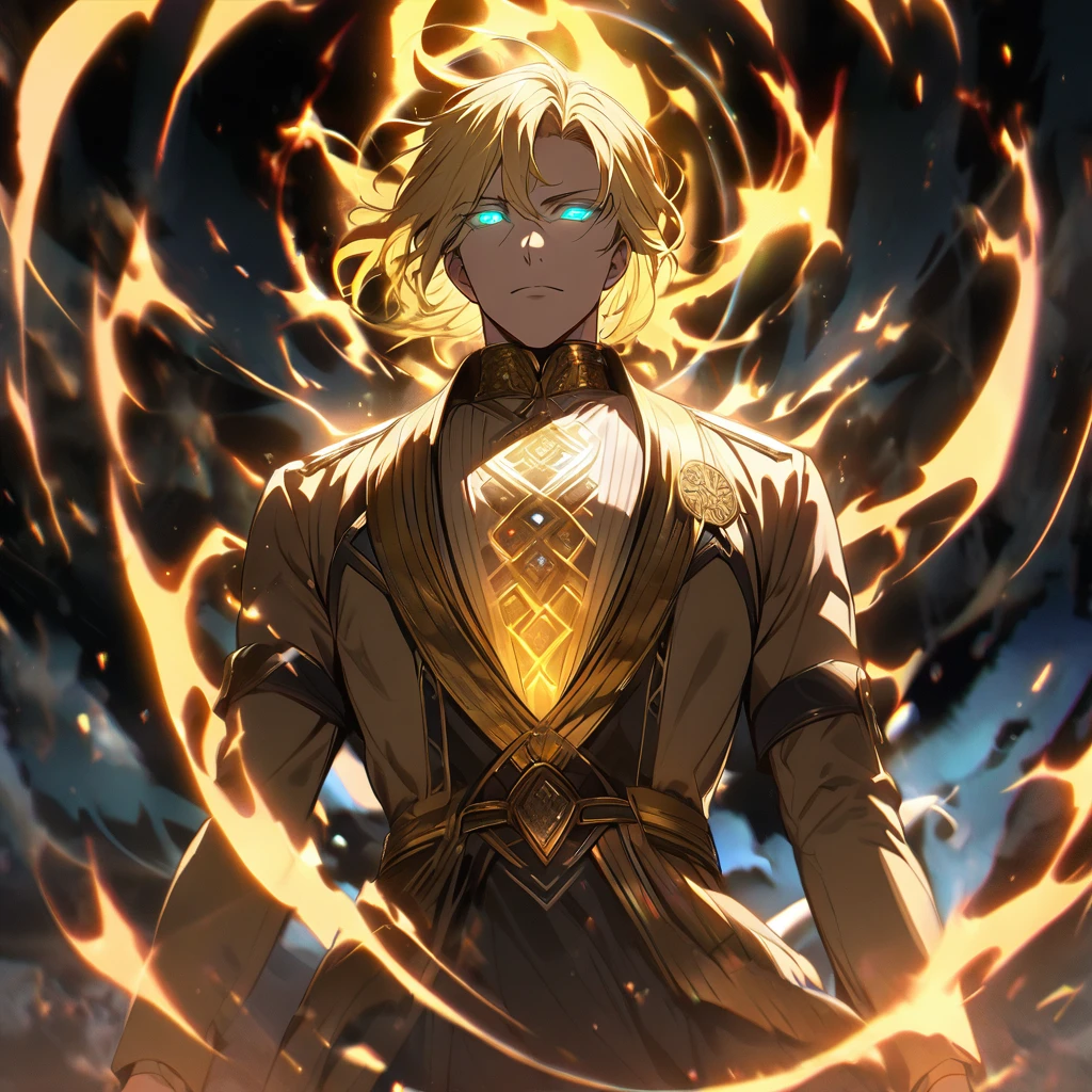 male, solo, handsome, blond hair, god, god eyes, glowing eyes, light, aura, holo, golden,