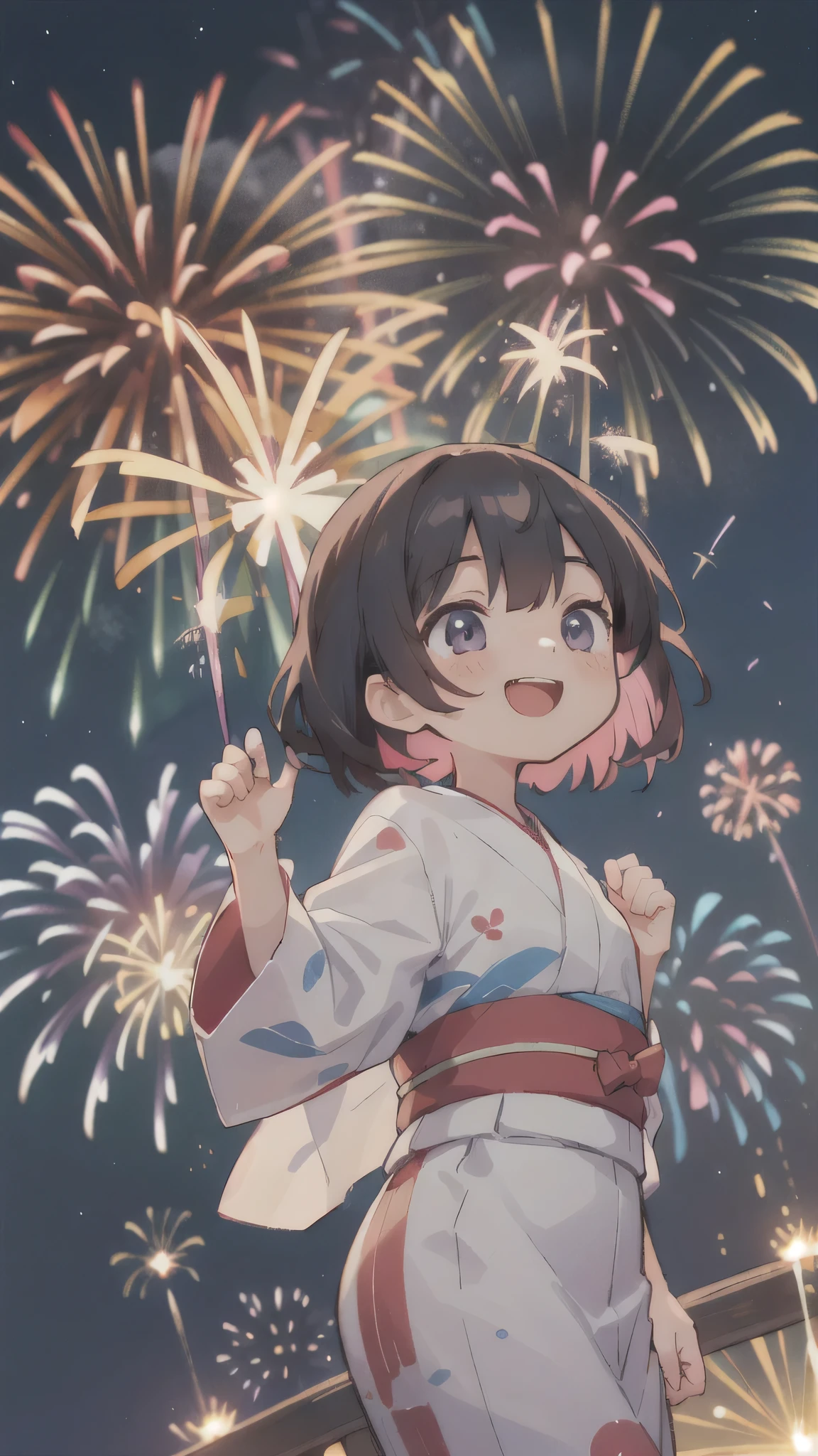 (masterpiece:1.2),(Highest quality),(Very detailed),(High resolution),8K,wallpaper,(One female:1.5),Anime illustration,Chibi Character,cute,Girl wearing a yukata,Looking up at the sky and watching the fireworks,Back view,BREAK((Fireworks fill the night sky,beautiful Fireworks,Colorful fireworks)),(Beautiful night sky),(Happy expression:1.5),((From below)),(dynamic),Raise your arms high,(Detailed hands)