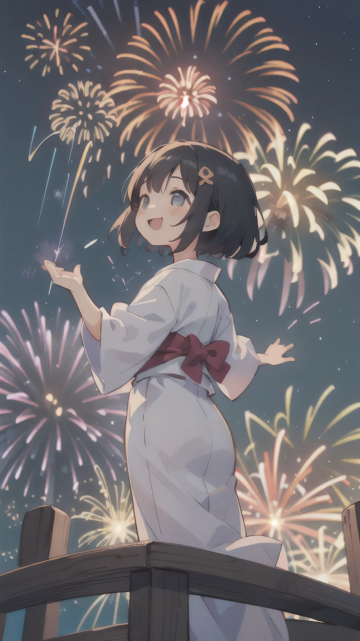 (masterpiece:1.2),(Highest quality),(Very detailed),(High resolution),8K,wallpaper,(One female:1.5),Anime illustration,Chibi Character,cute,Girl wearing a yukata,Looking up at the sky and watching the fireworks,Back view,BREAK((Fireworks fill the night sky,beautiful Fireworks,Colorful fireworks)),(Beautiful night sky),(Happy expression:1.5),((From below)),(dynamic),Raise your arms high,(Detailed hands)