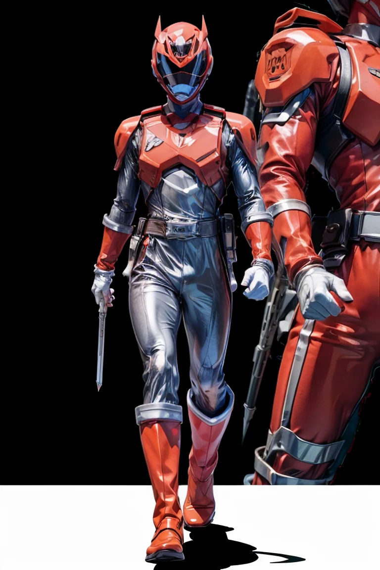 1boy, white, full body, Illustration, cinematic light, high resolution, best quality, ultra detailed, masterpiece, power suit, powerranger, suit, spd, (silver royal guard ranger suit), gold detail