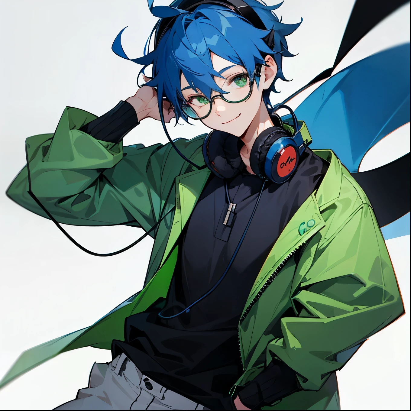 mature,solo, looking at viewer, smile, simple background, shirt, 1boy, hat, white background, green eyes, jacket, male focus,black shirt, headphones,hand in pocket,male, headphones around neck, blue hair,Black framed glasses