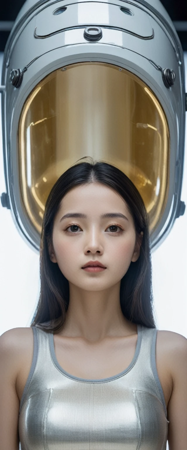 A close-up of cut bamboo, ((a girl sleeping with her eyes closed in a cylindrical life support capsule, the lower half of which is young bamboo-colored metal and the upper half is made of transparent glass, like an escape capsule for a spaceship, the interior of which is filled with dazzling light, like an escape capsule for a spaceship in a science fiction movie)), ((the inside of the life support capsule is equipped with many monitor panels and lamps)), ((a view looking down on the girl from above)),((the girl is 15 centimeters tall)), ((the girl is 10 years old)), ((the girl is wearing silver metallic clothes)),In a bamboo forest,