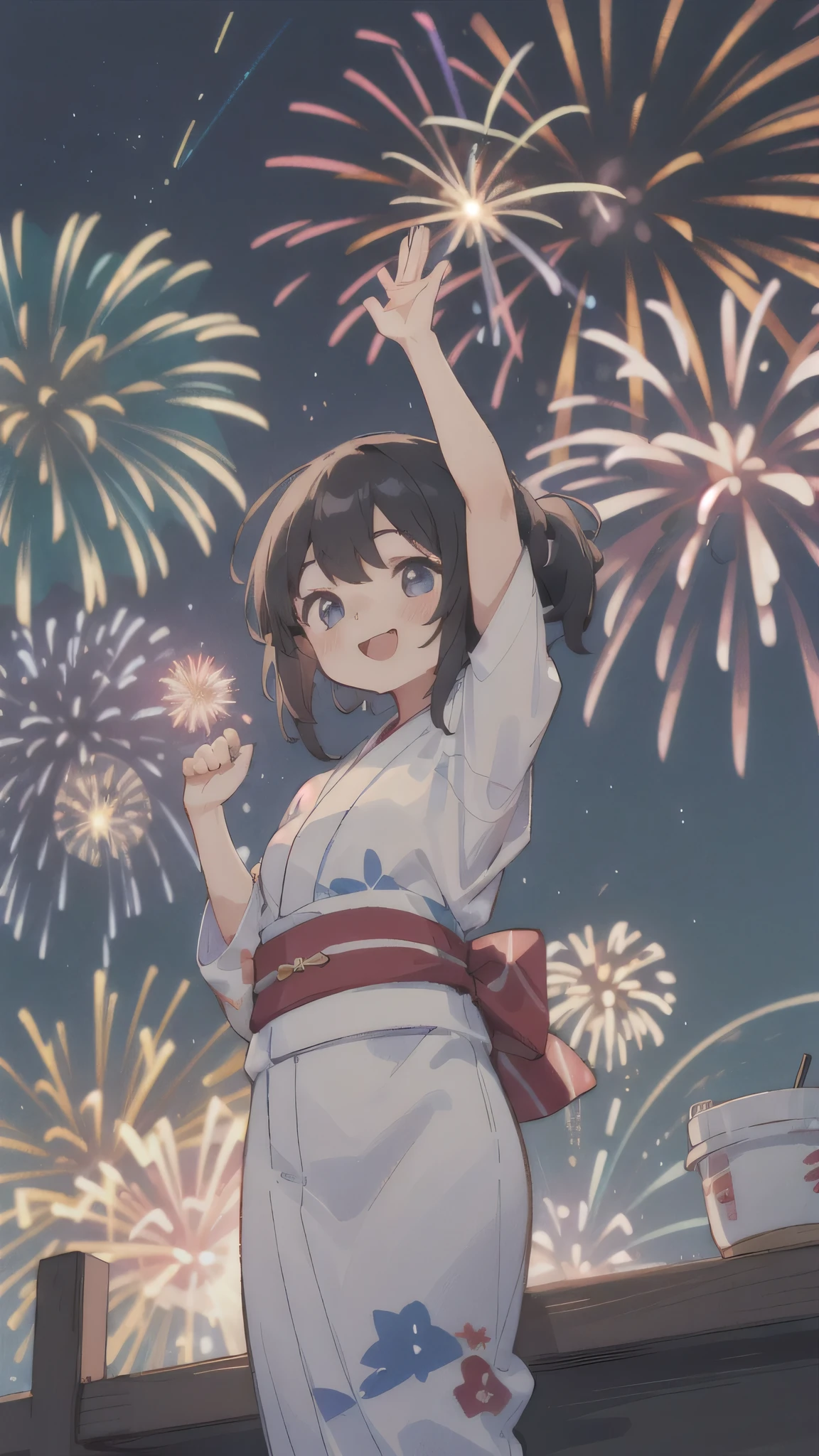 (masterpiece:1.2),(Highest quality),(Very detailed),(High resolution),8K,wallpaper,(One female:1.5),Anime illustration,Chibi Character,cute,Girl wearing a yukata,Looking up at the sky and watching the fireworks,Back view,BREAK((Fireworks fill the night sky,beautiful Fireworks,Colorful fireworks)),(Beautiful night sky),(Happy expression:1.5),(((From below))),((dynamic)),Raise your arms high,(Detailed hands)