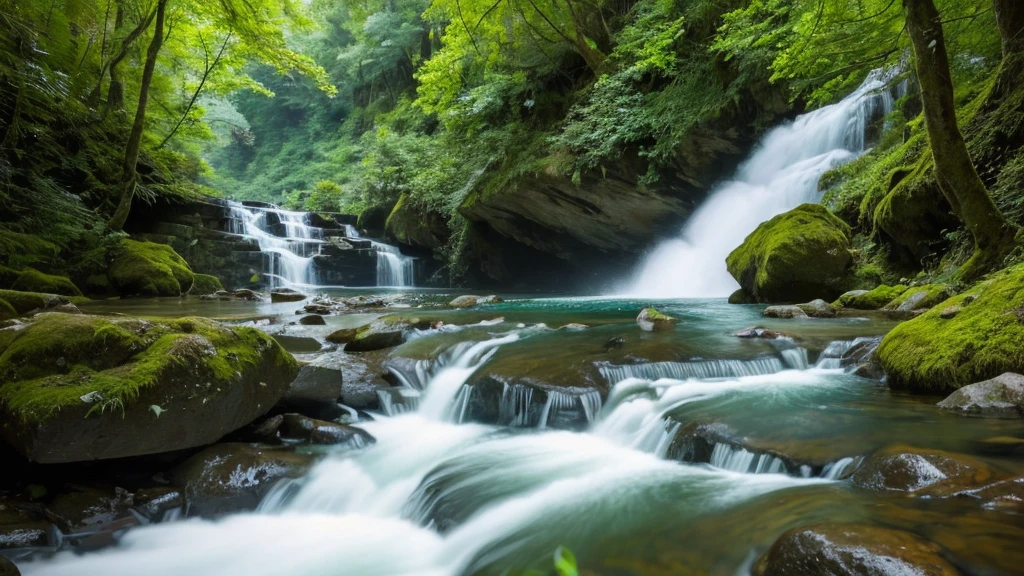 A breathtaking waterfall cascading down a rocky cliff, surrounded by lush, verdant forest. The water glistens in the sunlight as it tumbles into a clear, serene pool below. Mist rises from the base of the waterfall, creating a magical, ethereal atmosphere. Birds and butterflies are seen fluttering around, adding life to the tranquil scene. The sound of the rushing water and the fresh scent of the forest enhance the feeling of being immersed in nature's beauty.