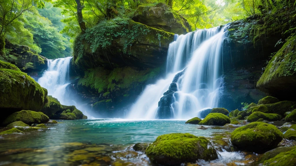 A breathtaking waterfall cascading down a rocky cliff, surrounded by lush, verdant forest. The water glistens in the sunlight as it tumbles into a clear, serene pool below. Mist rises from the base of the waterfall, creating a magical, ethereal atmosphere. Birds and butterflies are seen fluttering around, adding life to the tranquil scene. The sound of the rushing water and the fresh scent of the forest enhance the feeling of being immersed in nature's beauty.