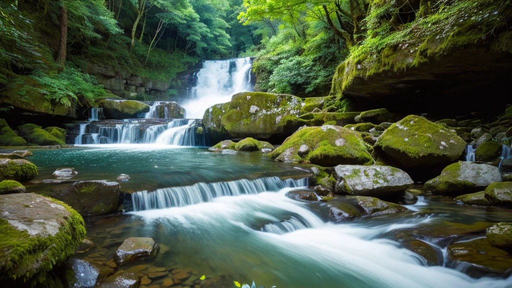 A breathtaking waterfall cascading down a rocky cliff, surrounded by lush, verdant forest. The water glistens in the sunlight as it tumbles into a clear, serene pool below. Mist rises from the base of the waterfall, creating a magical, ethereal atmosphere. Birds and butterflies are seen fluttering around, adding life to the tranquil scene. The sound of the rushing water and the fresh scent of the forest enhance the feeling of being immersed in nature's beauty.
