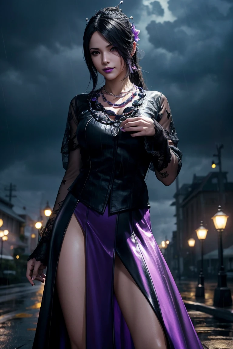 Lulu,Final Fantasy 10,FF10,Black Top,One Length,Let down one side of your bangs,Hide one eye,Beautiful purple eyes,White skin,Purple lips,黒いWith furロングドレス,Long skirt,With fur,Black see-through blouse,Black fishnet stockings,Purple Necklace,super high quality,super high quality,masterpiece,Digital SLR,Realistic,Further details,Vivid details,Depicted in detail,Detailed face,Further details,Super detailed,Realistic skin texture,Based on anatomical grounds,Perfect Anatomy,Anatomically correct hand,Anatomically correct fingers,Complex 3D rendering,Sexy pose,Beautiful morning glory(flower),Rainy Sky,Beautiful scenery,Fantastic rainy sky,Rainy season night,Picturesque,Pink Lips,smile,Fantastic butterflies々,