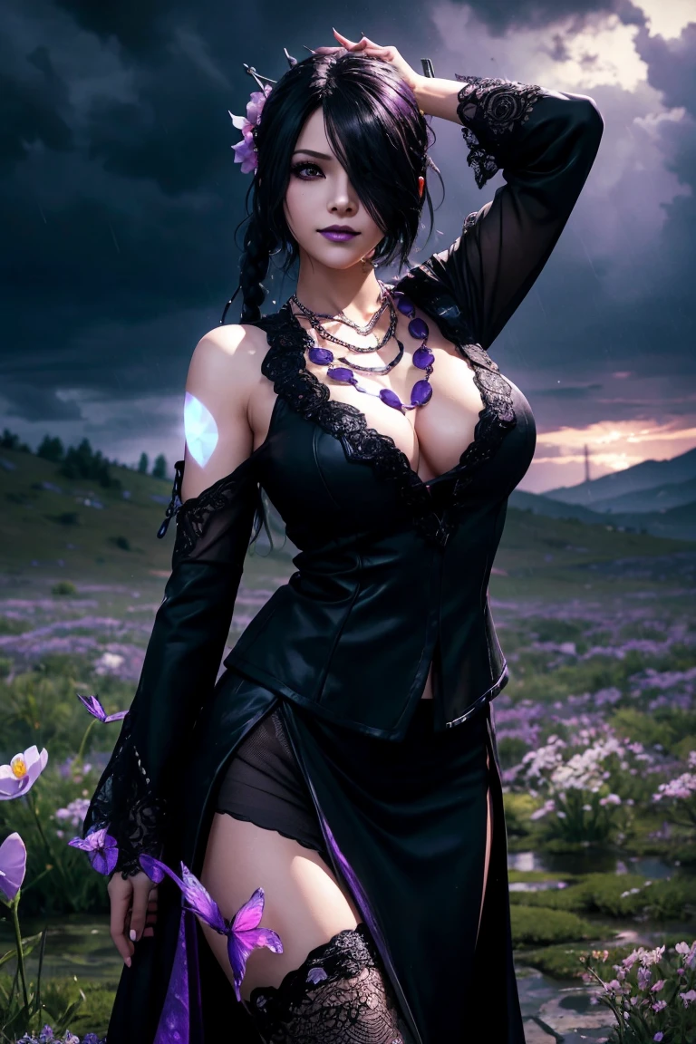Lulu,Final Fantasy 10,FF10,Black Top,One Length,Let down one side of your bangs,Hide one eye,Beautiful purple eyes,White skin,Purple lips,黒いWith furロングドレス,Long skirt,With fur,Black see-through blouse,Black fishnet stockings,Purple Necklace,super high quality,super high quality,masterpiece,Digital SLR,Realistic,Further details,Vivid details,Depicted in detail,Detailed face,Further details,Super detailed,Realistic skin texture,Based on anatomical grounds,Perfect Anatomy,Anatomically correct hand,Anatomically correct fingers,Complex 3D rendering,Sexy pose,Beautiful morning glory(flower),Rainy Sky,Beautiful scenery,Fantastic rainy sky,Rainy season night,Picturesque,Pink Lips,smile,Fantastic butterflies々,