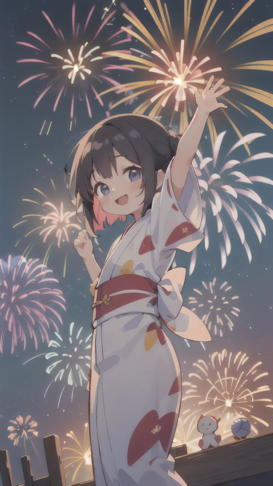(masterpiece:1.2),(Highest quality),(Very detailed),(High resolution),8K,wallpaper,(1 female:1.5),Anime illustration,Chibi Character,cute,Girl in yukata,Look up at the sky and watch the fireworks,Back view,break((Fireworks fill the night sky,beautiful Fireworks,Colorful fireworks)),(Beautiful night sky),(Happy expression:1.5),((From below)),(dynamic),Please raise your arms high