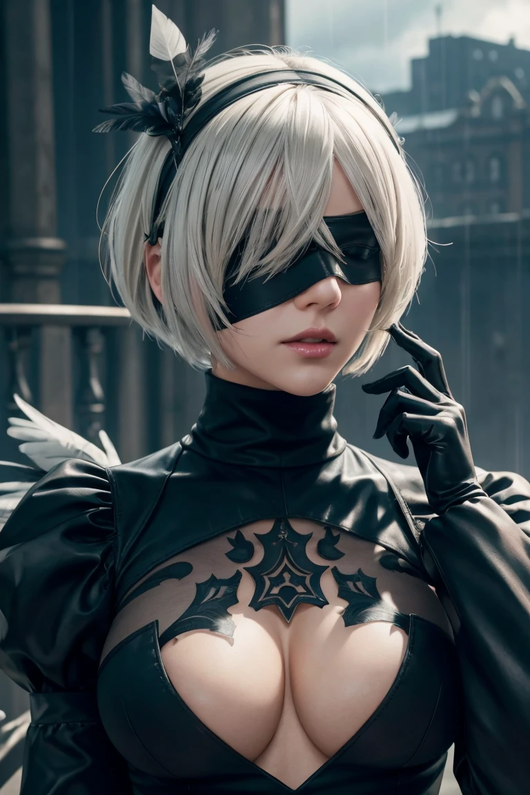 2B Nier Automata,Bobcut, Gray Hair,Long sleeve, Juliet Sleeve, White gloves, turtleneck, bangs, Feather ornament, Feather ornament sleeves, Blindfold, Black Goth Dress,Japanese Ultra HD,super high quality,masterpiece,Digital SLR,Photorealistic,Detailed details,Vivid details,Depicted in detail,A detailed face,Detailed details,Super Detail,Realistic skin texture,Anatomical basis,Perfect Anatomy,Anatomically correct hand,Anatomically correct fingers,Complex 3D rendering,Sexy pose,Rainy Sky,Beautiful scenery,Fantastic rainy sky,Picturesque,Pink Lips,