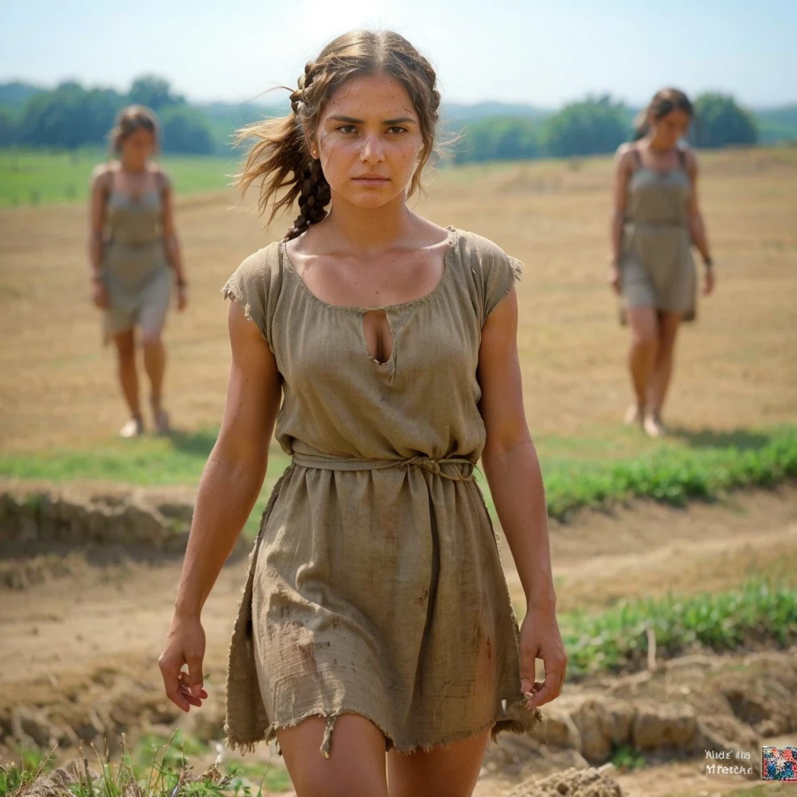 Ancient Roman villa 1st century BC.e. south of Italy, rural hinterland, summer heat, young women and girls from conquered barbarian tribes,slaves working in the field, sweat streaming down their tanned bodies, dirty, not washed for a long time, sweaty dressed in pathetic sackcloth rags barely covering their hips and ass, with huge cleavage revealing a woman's breasts, bare, sweaty, unwashed hair carelessly cut and tied in a ponytail or braided into a short braid, beautiful but exhausted by hard labor faces, stupefied from work, iron collars in the form of a riveted hoop around their necks, slave brands in the form of Latin letters "S" or "F" on their hips and shoulders, beaten and intimidated resigned to his fate.Hyperrealism, real photo, many details of costume, metal, fabric