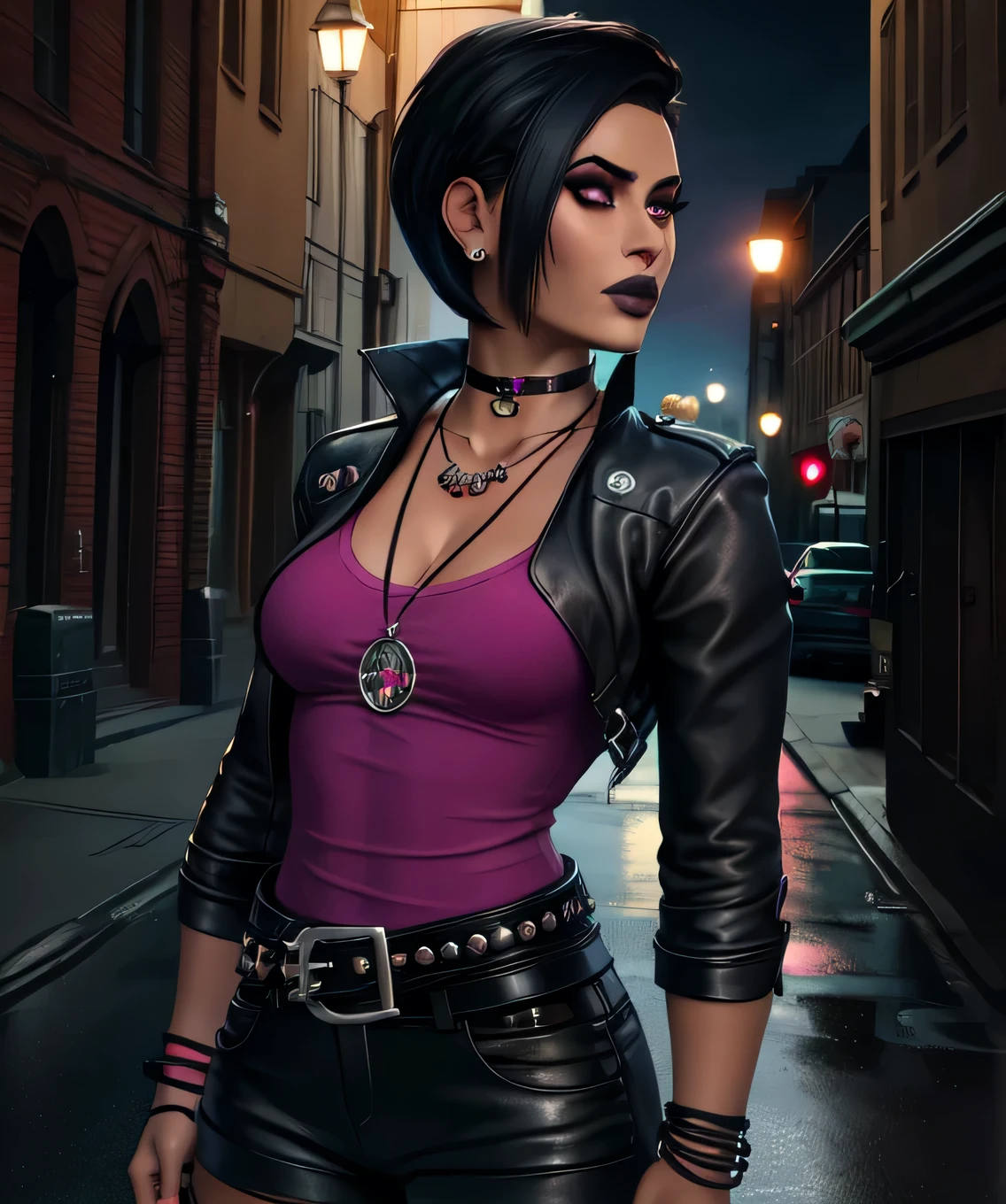 nico,piercing,nose piercing,black hair,hair to side,black lips,short short hair, brown eyes, 
earrings,necklace,leather jacket,pink shirt,belt,black pants,bracelet,choker,
standing,upper body,
night,outside,cathedral,
(insanely detailed, beautiful detailed face,beautiful detailed eyes, masterpiece, best quality),solo,