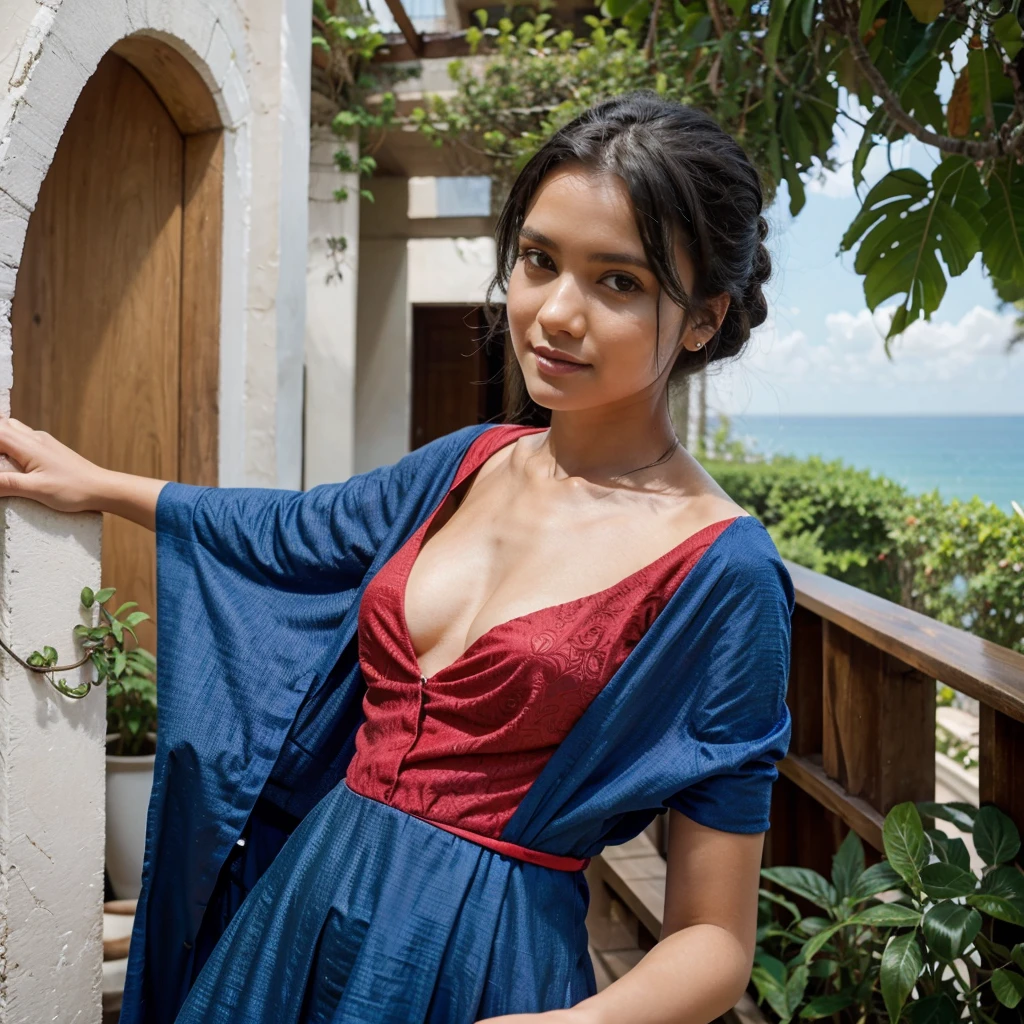 hot girl, black hair, on the top floor of a luxury hotel balcony in Srilanka, nice blue sky. posing elegantly for a picture for instagram. wearing a nice red frock with black designs