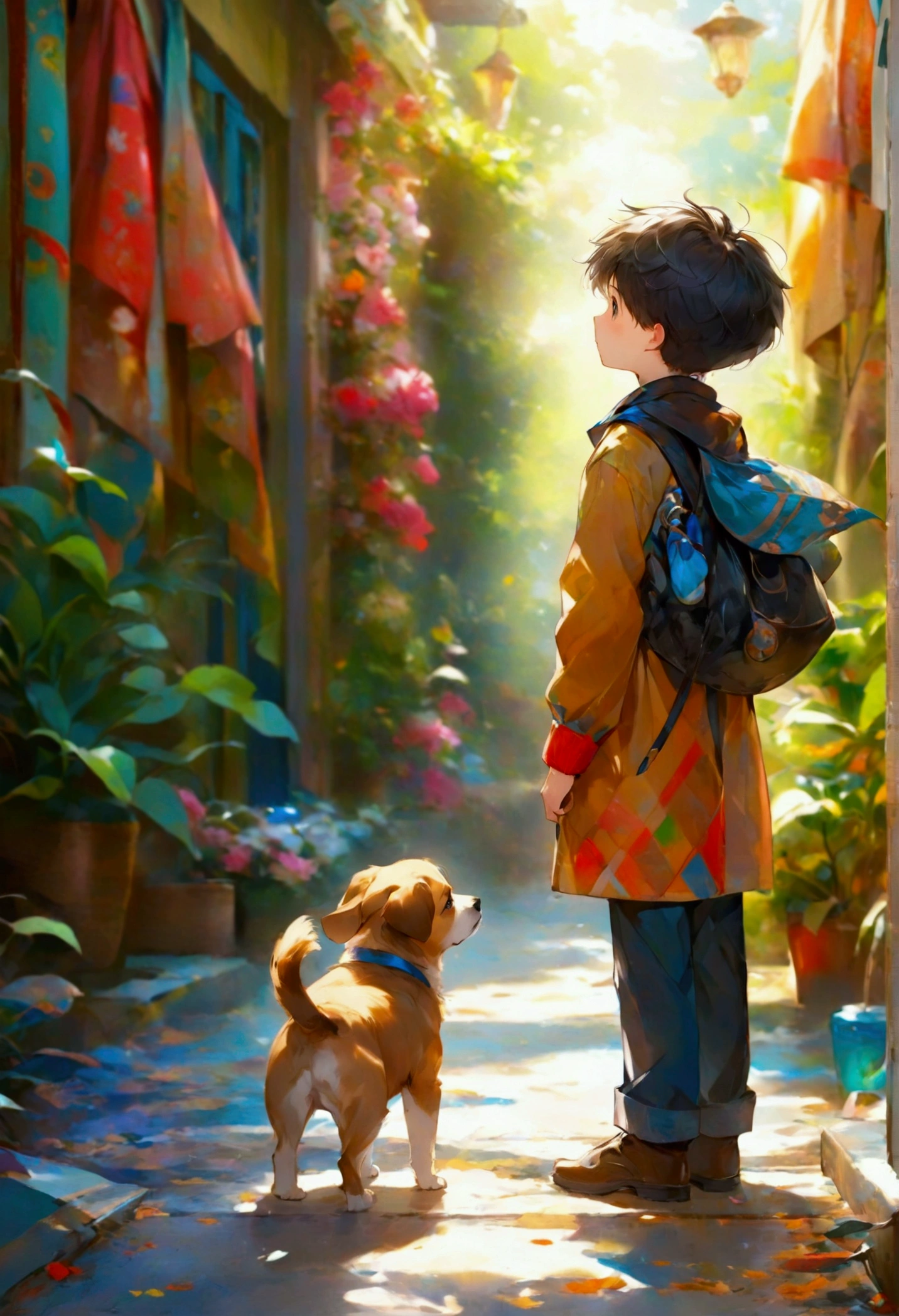 A boy and a dog standing facing up