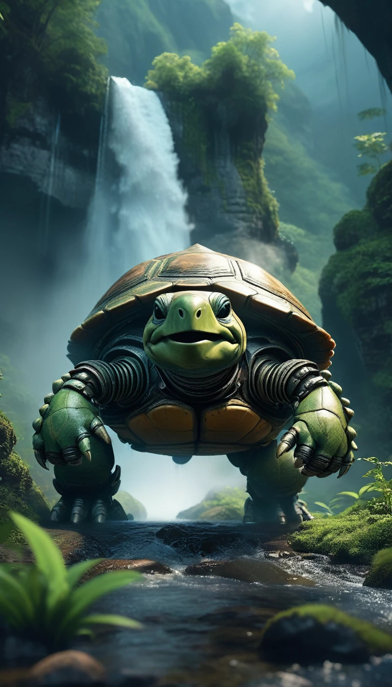 Cinematic stills ral-braynclz style, Smiling, A robot turtle emerges from a hiding place on a mountain path near a waterfall., Surrounded by volumetric steam that creates an ethereal atmosphere (water effects). under the dark sky、The creature stands against a lush forest background., Exquisite detail reminiscent of James Stokoe&#39;s artwork is displayed in 8K UHD resolution. . Shallow depth of field, Vignette, Very detailed, High budget, Bokeh, CinemaScope, Sulky, amazing, nice, Film Grain, granular,  