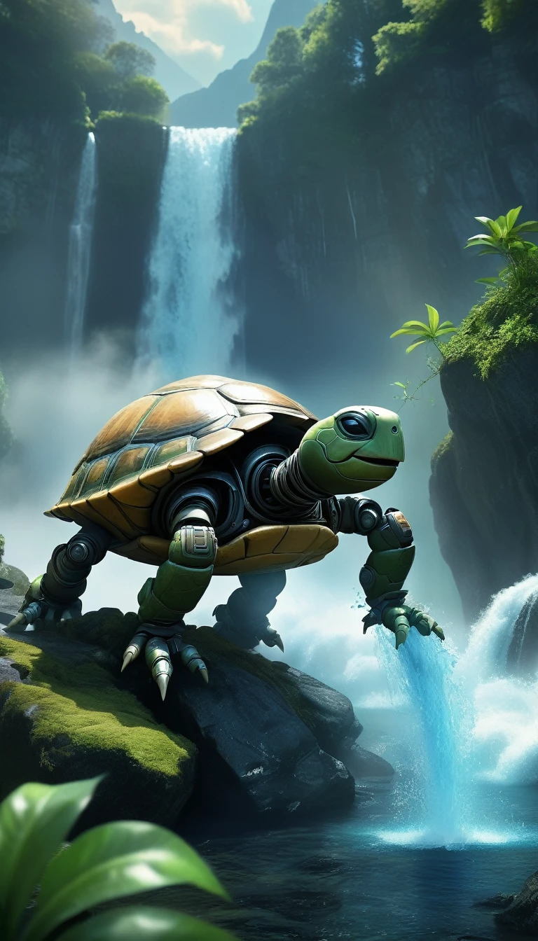 Cinematic stills ral-braynclz style, Smiling, A robot turtle emerges from a hiding place on a mountain path near a waterfall., Surrounded by volumetric steam that creates an ethereal atmosphere (water effects). under the dark sky、The creature stands against a lush forest background., Exquisite detail reminiscent of James Stokoe&#39;s artwork is displayed in 8K UHD resolution. . Shallow depth of field, Vignette, Very detailed, High budget, Bokeh, CinemaScope, Sulky, amazing, nice, Film Grain, granular,  