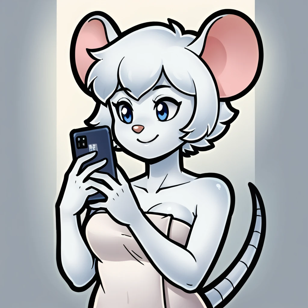 score_9, score_8_up, soft lighting, 1girl, white ((mouse)), (((mobian))), blue eyes, ((fluffy white skin and fur, white short hair)), medium breasts, sexy, smile, wrapped in towel, holding phone, face shot