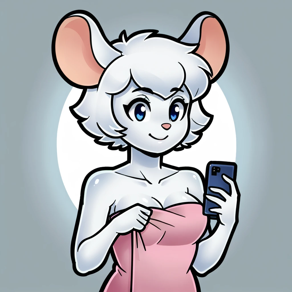 score_9, score_8_up, soft lighting, 1girl, white ((mouse)), (((mobian))), blue eyes, ((fluffy white skin and fur, white short hair)), medium , sexy, se, wrapped in towel, holding phone, face shot