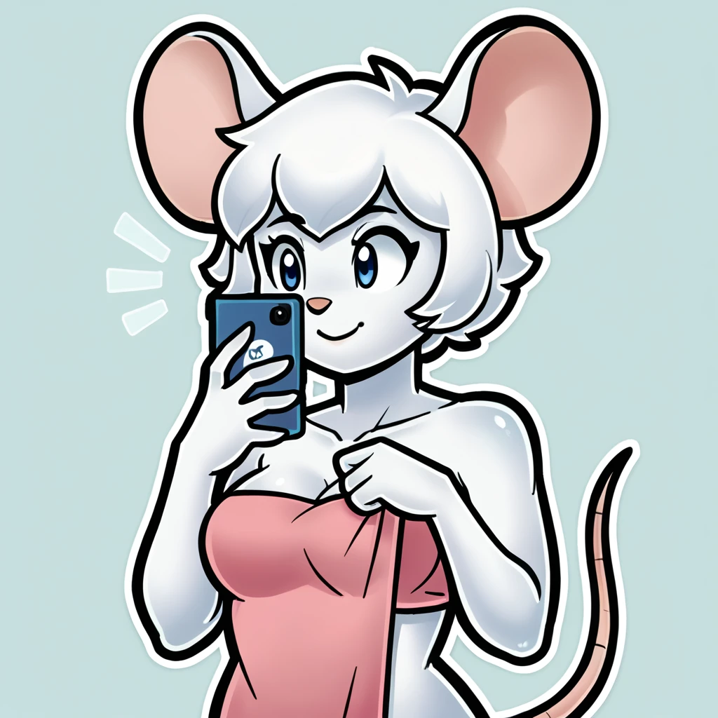 score_9, score_8_up, soft lighting, 1girl, white ((mouse)), (((mobian))), blue eyes, ((fluffy white skin and fur, white short hair)), medium breasts, sexy, smile, wrapped in towel, holding phone, face shot