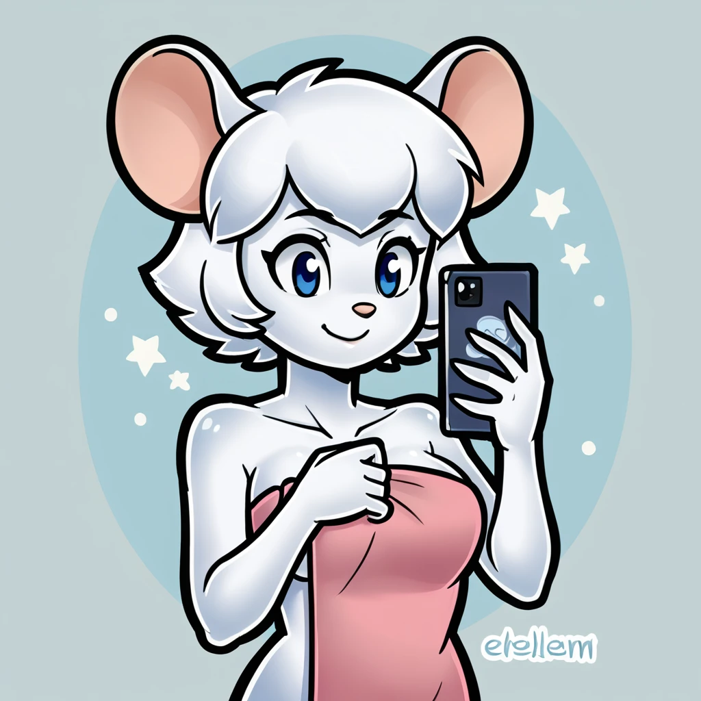 score_9, score_8_up, soft lighting, 1girl, white ((mouse)), (((mobian))), blue eyes, ((fluffy white skin and fur, white short hair)), medium breasts, sexy, smile, wrapped in towel, holding phone, face shot