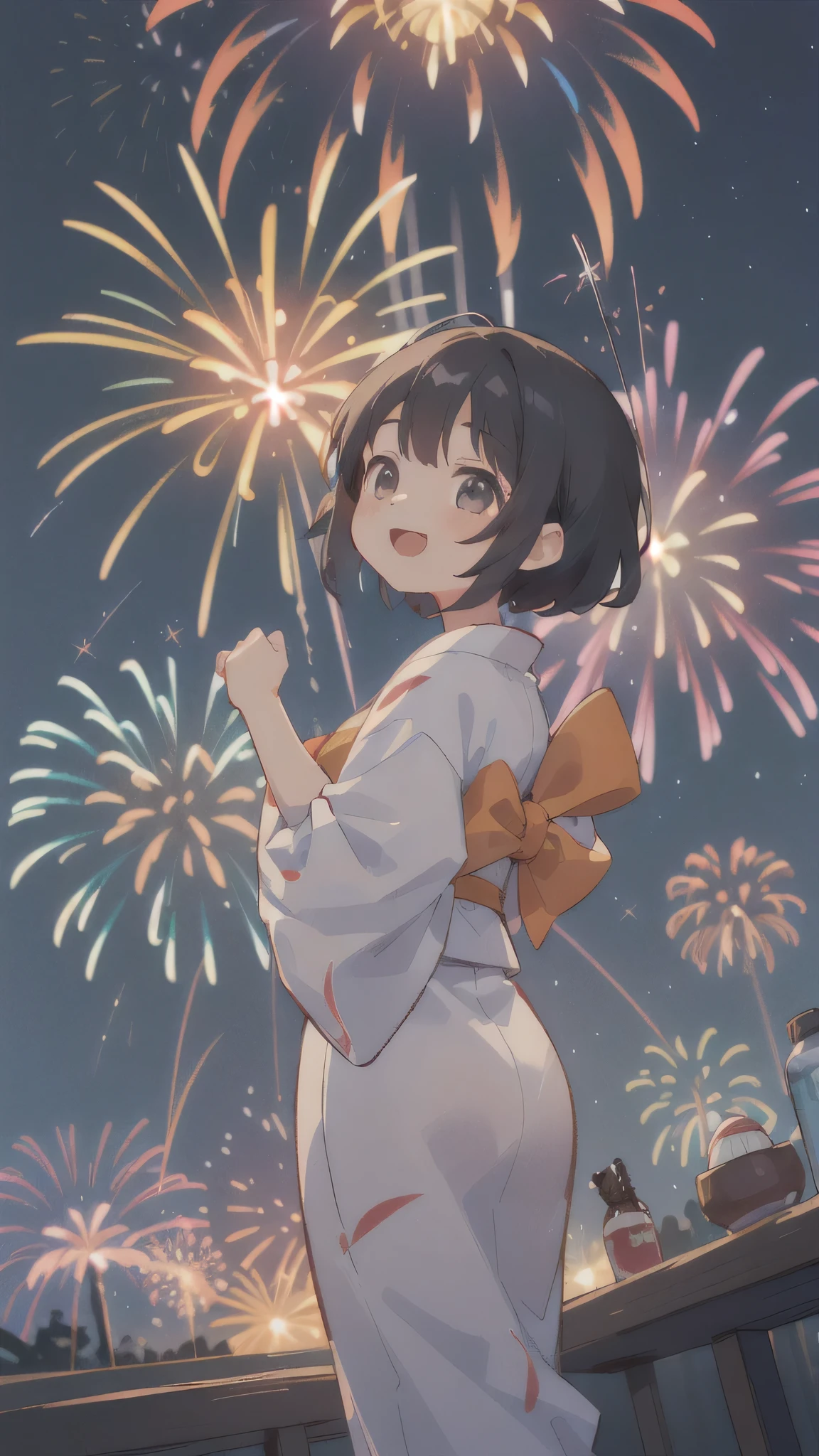(masterpiece:1.2),(Highest quality),(Very detailed),(High resolution),8K,wallpaper,(1 female:1.5),Anime illustration,Chibi Character,cute,Girl in yukata,Look up at the sky and watch the fireworks,Back view,break((Fireworks fill the night sky,beautiful Fireworks,Colorful fireworks)),(Beautiful night sky),(Happy expression:1.5),((From below)),(dynamic),Please raise your arms high