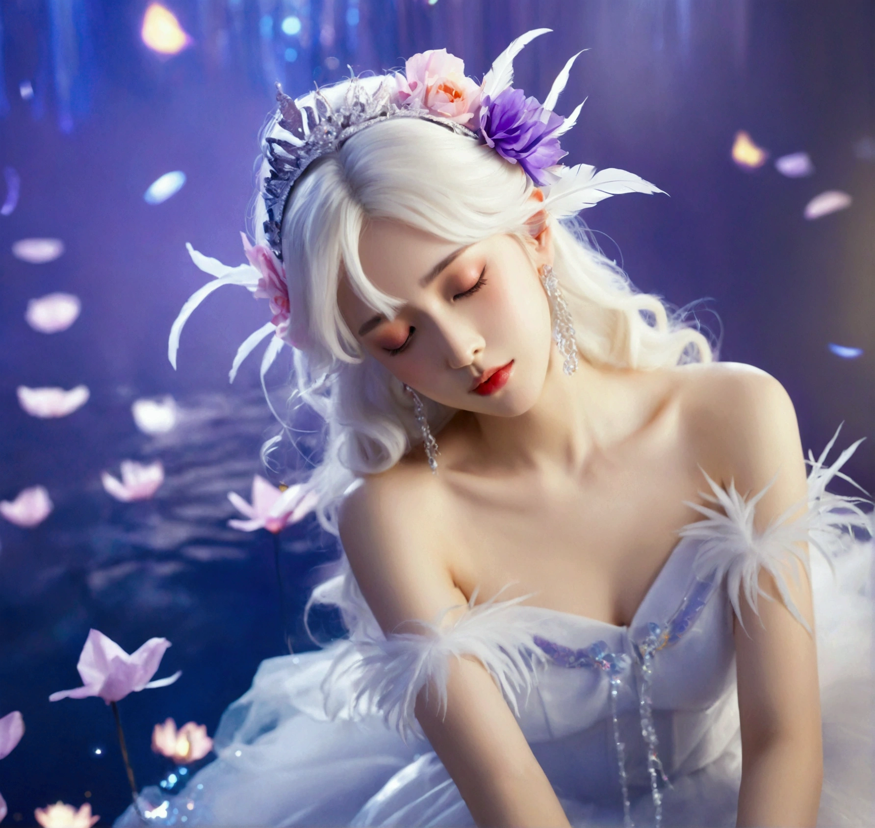 Masterpiece,Dazzling multicolored light,ultra detailed,A girl.,In the flowers,**** a sleeping princess,Earrings,White feather tulle,Long white eyelashes,Extra-long hair is slightly curly,White hair,(Hair takes up the entire frame),a charming face,Glowing lips,clavicle,Shoulder exposure,Floating petals,Dreamy and beautiful,The characters are thick and painted.,Fine strokes,Wallpaper,The background is graded with white and purple,anime aesthetic,Poolcoreanime beauty,Hyperrealism,sparkle,textured skin,super detail,best quality,8k, ,