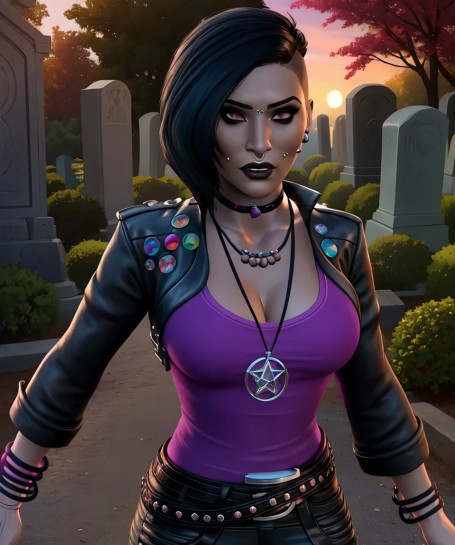 nico,piercing,nose piercing,black hair,hair to side,black lips,short short hair, brown eyes, 
earrings,necklace,leather jacket,pink shirt,belt,black pants,bracelet,choker,
standing,upper body,
night,outside, cemetery,
(insanely detailed, beautiful detailed face,beautiful detailed eyes, masterpiece, best quality),solo,