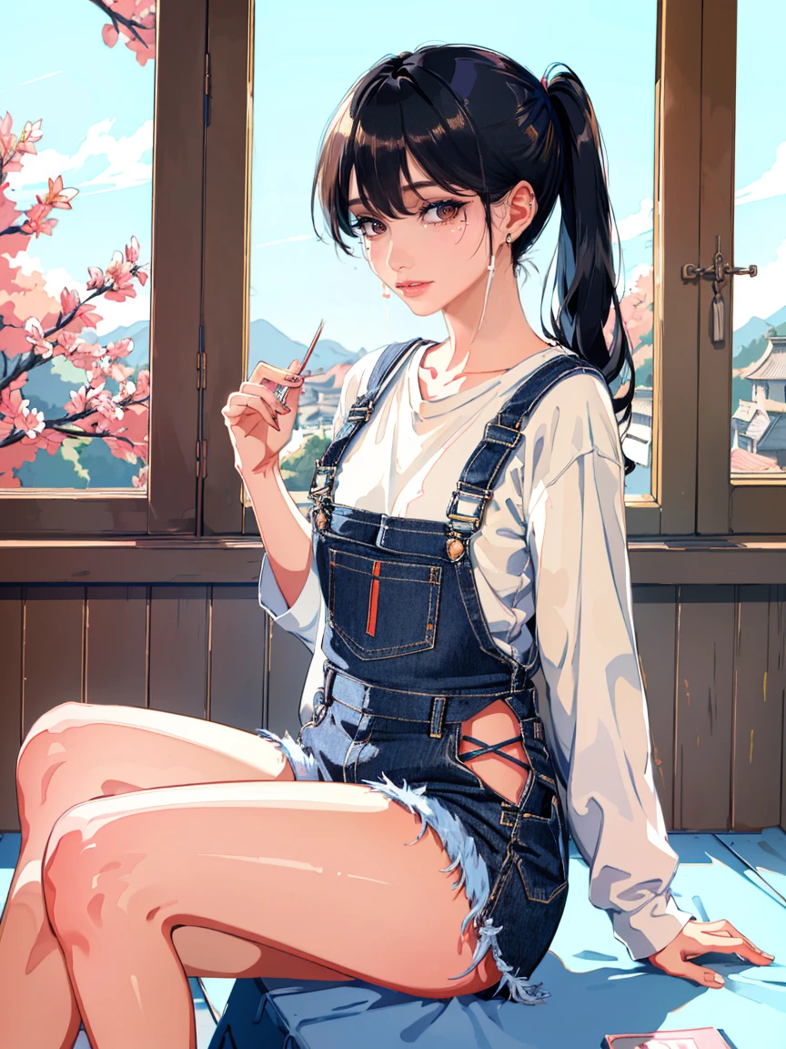 Line art, Imaginary thoughts about your dream girlfriend、Warm depiction,Dream Lover、I envision you as a lifelong partner。She embodies the simplicity of a Chinese country girl.、Diligent,Wisdom and Fusion、美しくDiligent性格。This artistic depiction shows her in a rural setting.,Exudes sweetness、Romantic atmosphere。(( 1 Girl, alone, Black Hair, keep, Sitting, She is wearing simple denim overalls and a white shirt.,I'm playing the guitar)),reflecting her humble origins and down-to-earth personality.。Her face is kind and beautiful,Gentle facial expressions、Charm。Picturesque rural landscape in the background,Gentle hills、Fields and traditional country house,Adds a sweet, rustic and romantic charm。The overall style combines realism with idealized rural beauty.,dream-like、The essence of a cute country girl, (Floral watercolor:1.5),(Ultra high color saturation, Bright and vibrant colors:1.5), (Browsing Caution), (Looking at the audience from the front:1.5)