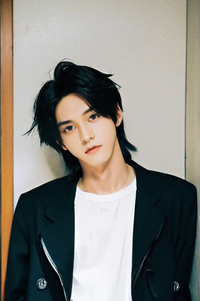 One boy、Young man with black hair(Mash Straight)((Long Hair)),With nape、Long enough to cover the earale K-Pop Idols、Levi Ackerman、Medium portrait、chop、Beautiful Model、Oval Face、Vivid、Cafe、(In a dark room)、The whole body is shown、((Full body photo))