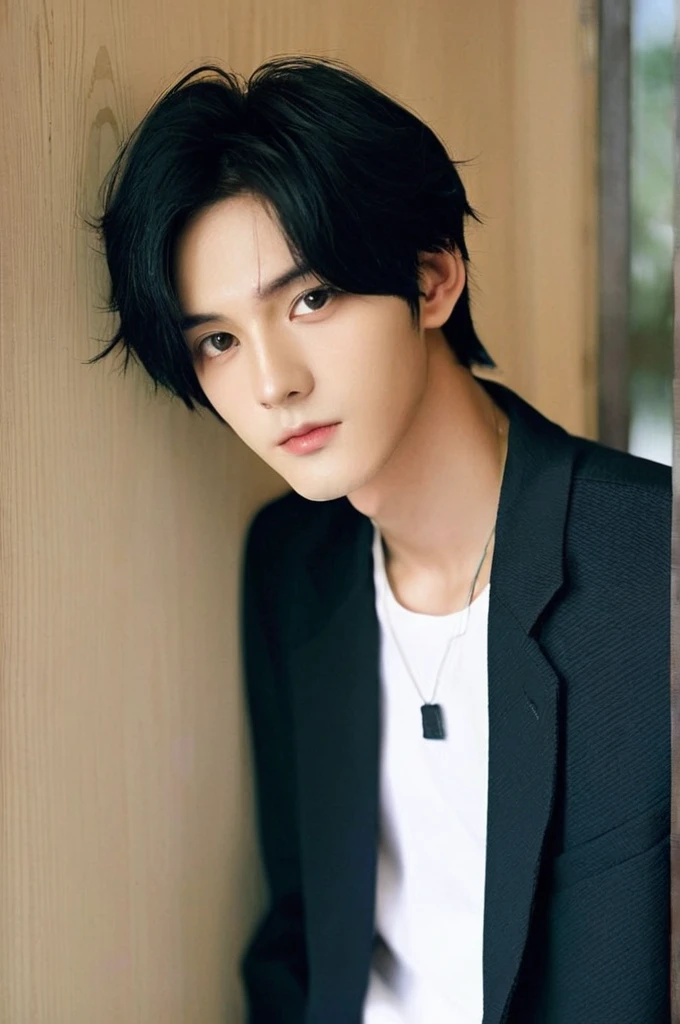 One boy、Young man with black hair（Mash Straight)((Long Hair)），With nape、Long enough to cover the earale K-Pop Idols、Levi Ackerman、Medium portrait、chop、Beautiful Model、Oval Face、Vivid、Cafe、（In a dark room）、The whole body is shown、((Full body photo))